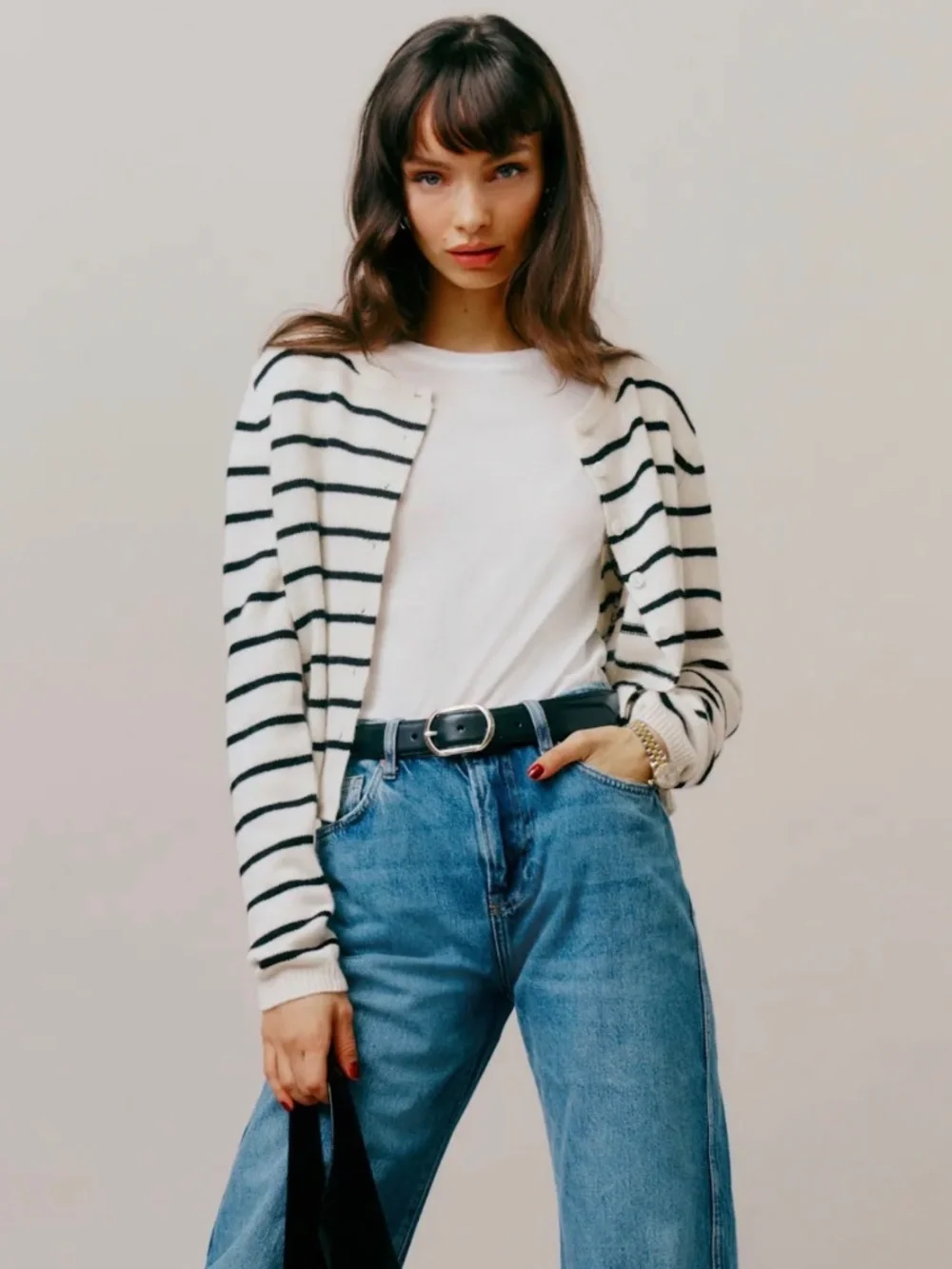 Reformation Clara Cashmere Crew Cardigan Gossamer Black Stripe - Size S